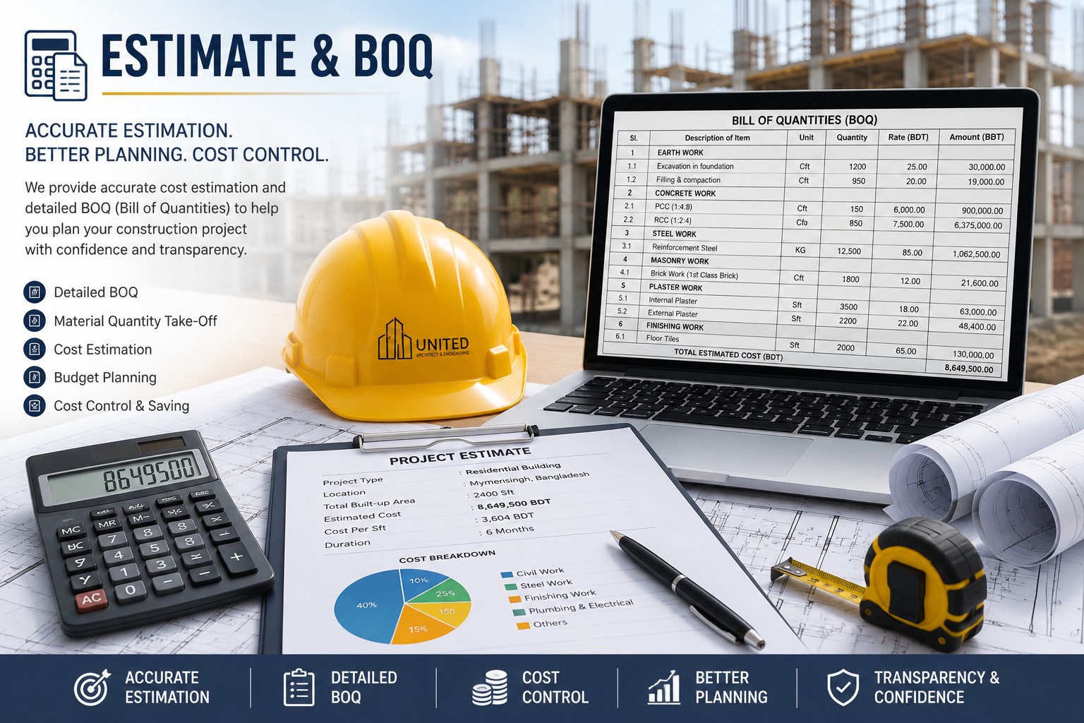Home Estimate and BOQ Services by United Architect & Engineering – Construction Cost Estimation and Bill of Quantities in Mymensingh, Bangladesh
